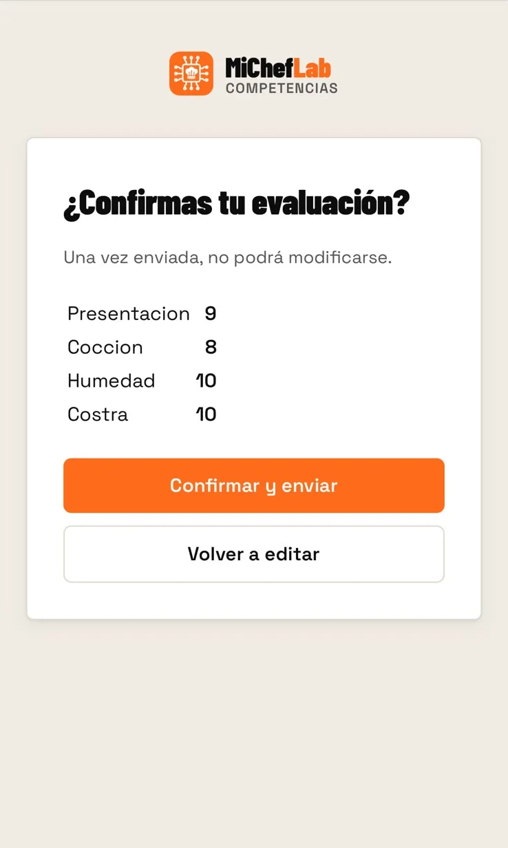 Confirmación de la evaluación antes de enviar