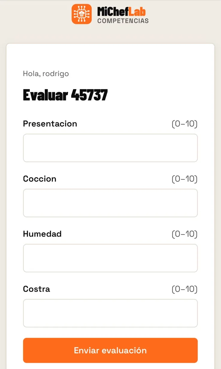 Formulario de evaluación con criterios de 0 a 10
